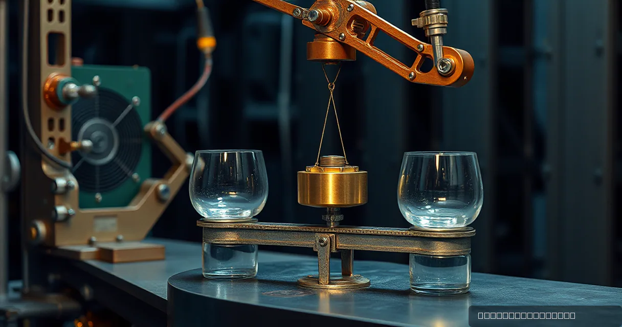 A cinematic close-up of a balanced brass scale with a central weight suspended between two clear glass vessels on a dark industrial surface. The scene is lit with cool ambient tones and a warm highlight on the mechanical components, creating a sophisticated editorial metaphor for market stability.
