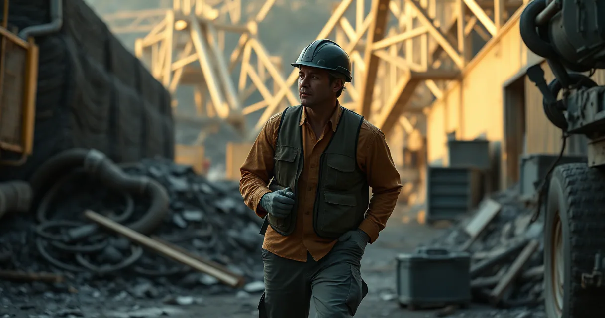 A cinematic editorial shot of a miner in a hard hat and vest standing in a dimly lit, industrial mining site filled with rocks and heavy machinery, symbolizing the pressure on Bitcoin assets.