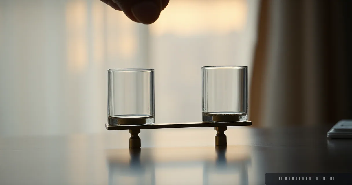 A balanced brass scale with two clear glass cylinders sits on a dark surface, illuminated by warm late-afternoon light against a soft, out-of-focus background.