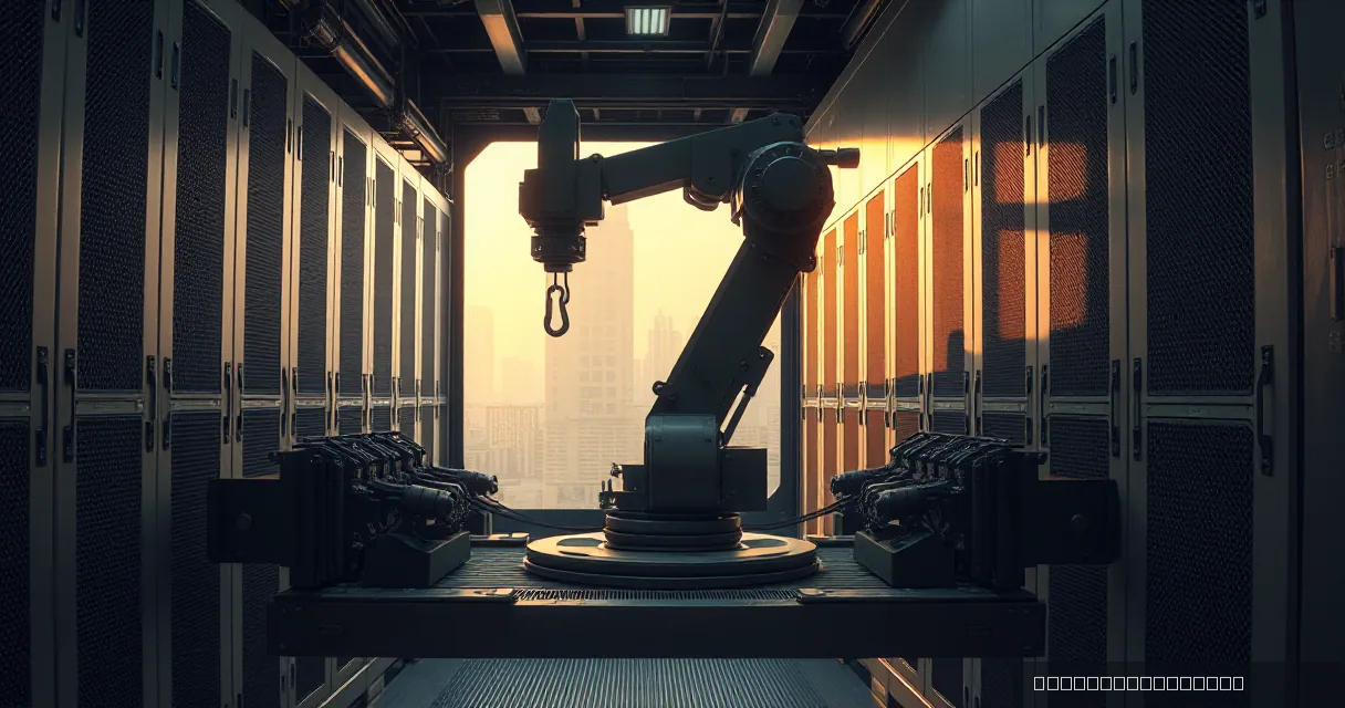 A large industrial robot arm stands in the center of a high-tech corridor flanked by metallic cabinets, set against a hazy city skyline during golden hour.