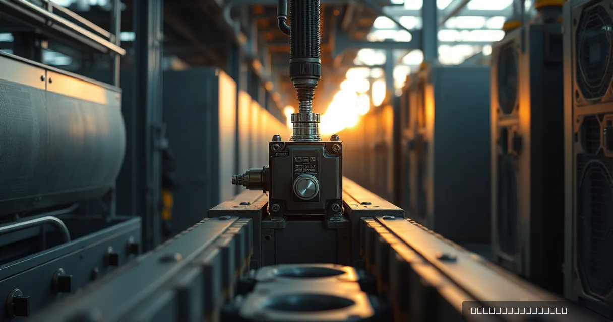 A close-up of an industrial calibration tool positioned over heavy metal tracks in a mining facility, illuminated by warm late-afternoon light filtering through the background.