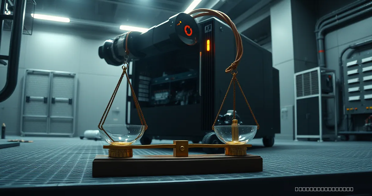 A cinematic close-up of a balanced brass scale with two glass bowls sitting in front of industrial mining equipment. The scene is lit with cool blue tones and a warm amber light on the machinery behind it.