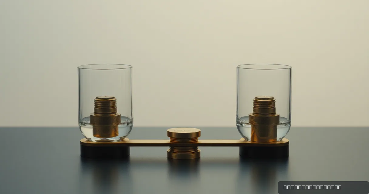 A balanced brass scale sits on a dark surface between two glass cylinders containing stacked gold-colored discs. The scene is lit with soft, cinematic lighting against a neutral background.