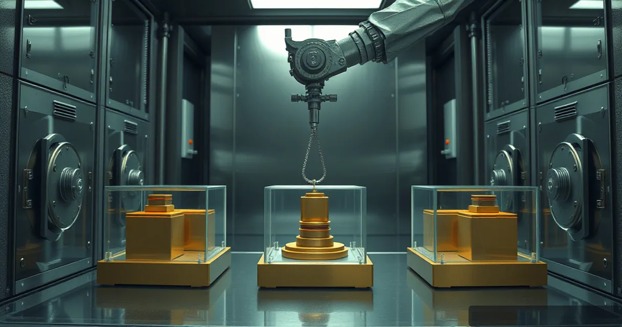 A cinematic editorial shot inside a high-security vault. A mechanical arm with a hook and chain reaches down toward a central, ornate gold-colored structure housed in a glass case. Two similar but simpler structures sit in identical cases on either side. The background is filled with heavy, industri