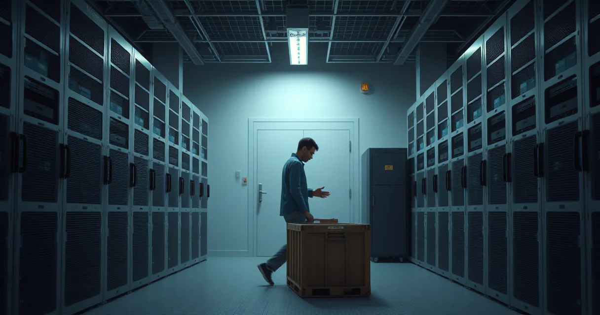 A man stands in a dimly lit server room, inspecting a wooden crate placed between rows of tall, metallic server racks. The scene is bathed in cool blue and white light with a single warm glow from an overhead fixture.
