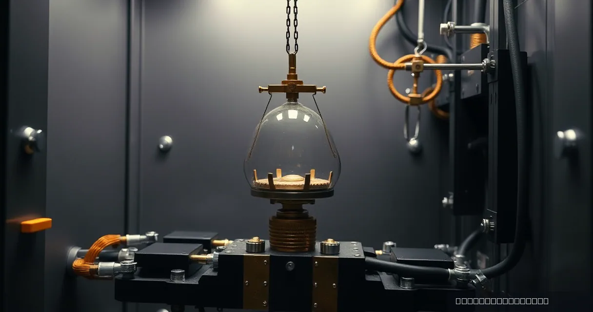 A cinematic close-up of a glass vessel balanced on a heavy mechanical base with brass components and copper wiring in a dimly lit industrial setting.