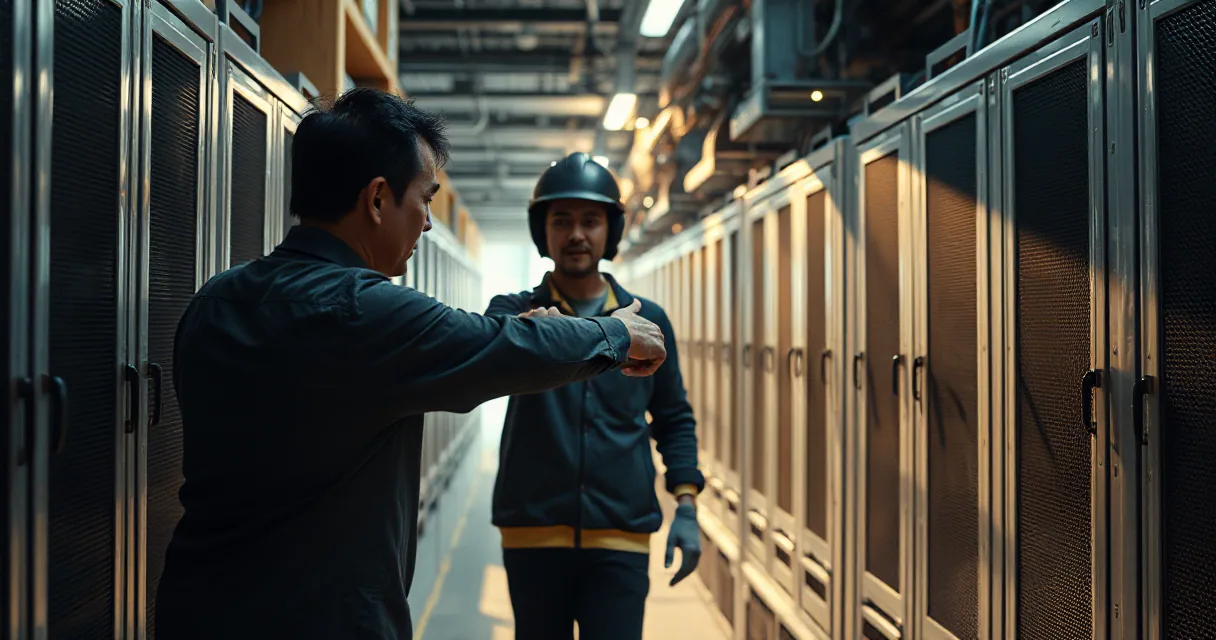 Two technicians in a dimly lit server room; one in the foreground points toward a row of industrial mining racks while another stands further back wearing a helmet and safety gear.