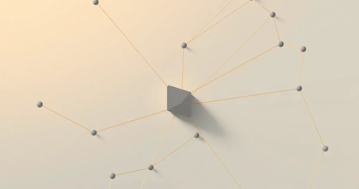 A minimalist 3D abstract illustration featuring a central gray geometric prism connected by thin orange lines to several small spheres on a plain, light-colored surface. The composition uses a radial topology and ample negative space to suggest network connectivity and system structure.