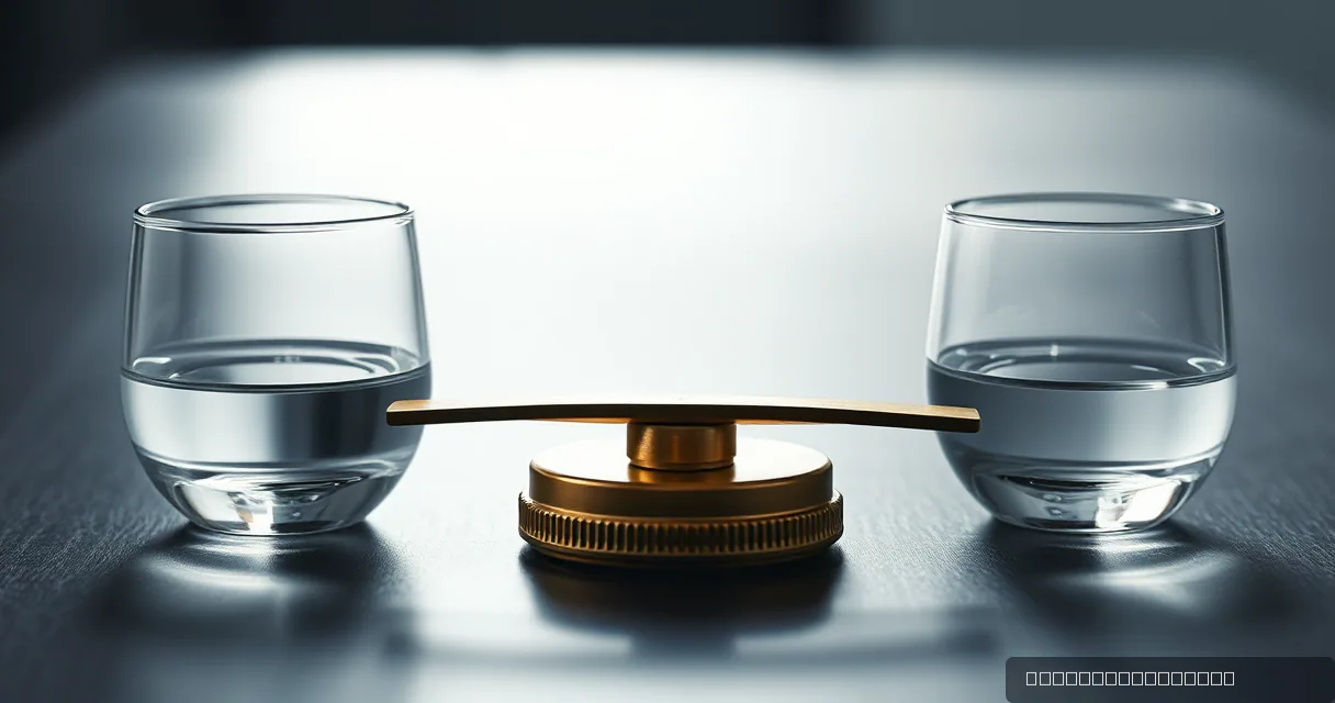 A symmetrical composition featuring two glass containers filled with liquid, balanced perfectly on a central brass beam supported by a heavy metallic base, set against a moody, dark blue background.