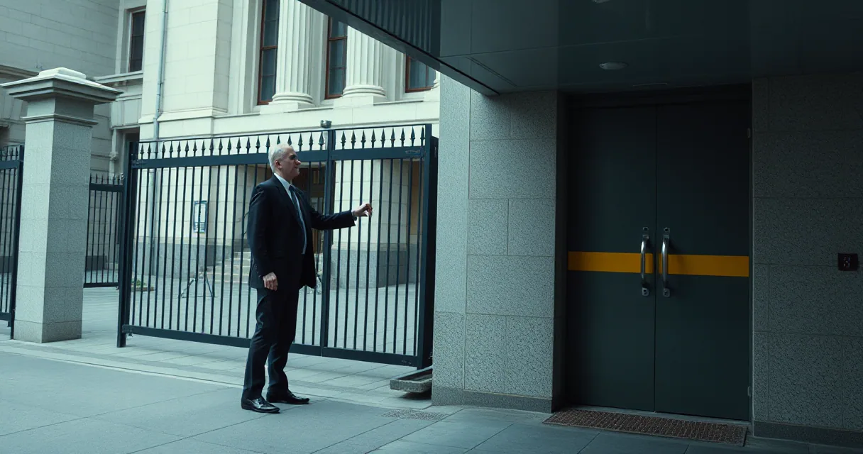 A man in a dark suit stands before a large metal gate at a courthouse, reaching out toward it. To his right, a heavy double door features a prominent horizontal amber stripe.