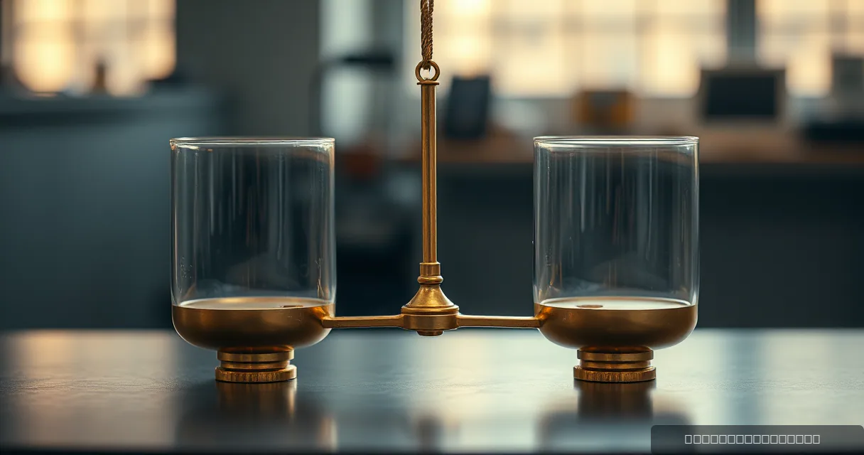 A cinematic close-up of a balanced brass scale holding two clear glass cylinders filled with golden liquid, set against a blurred architectural background in warm afternoon light.