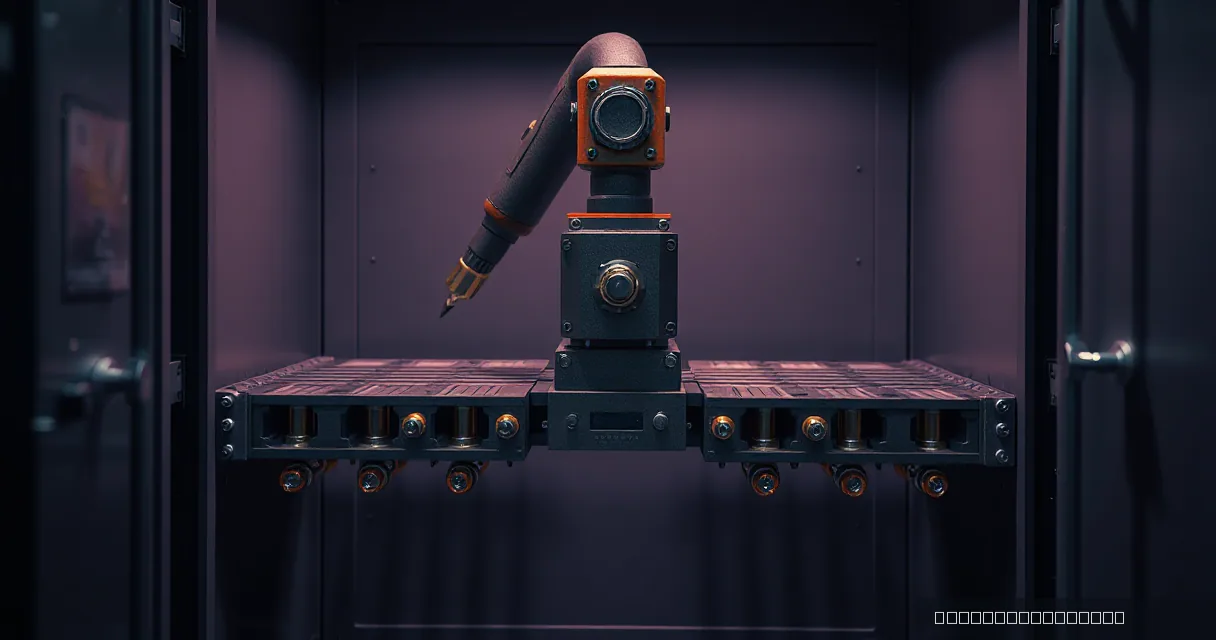 A cinematic close-up of a complex mechanical arm and relay mechanism housed inside a dark vault, featuring brushed metal surfaces and a single warm light accent on the central joint.