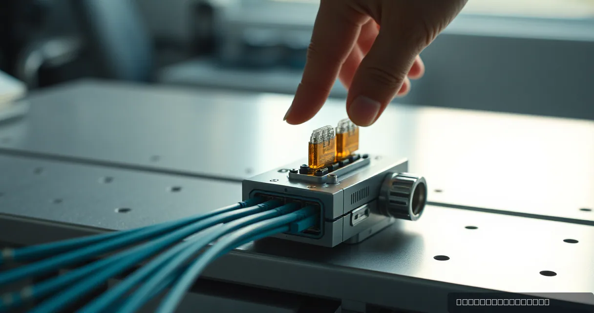 A close-up cinematic shot shows several blue fiber optic cables merging into a single metallic port on a brushed metal surface. A hand reaches in to adjust two amber-colored components atop the device, symbolizing a focused transition of data and attention.
