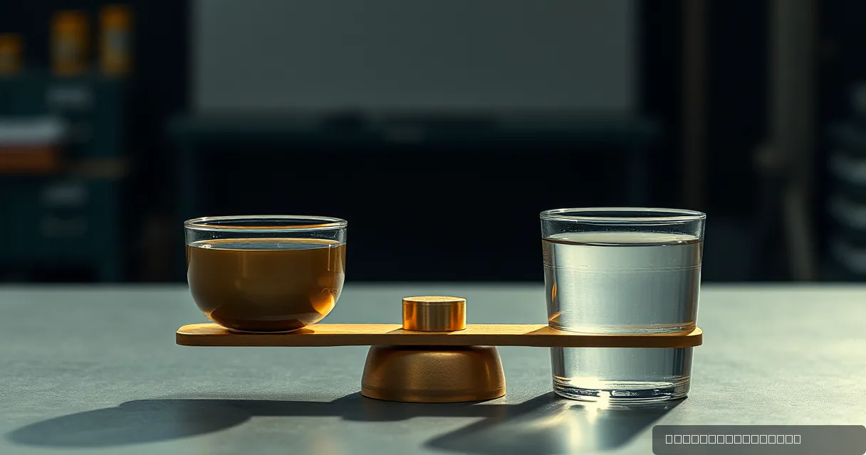 A cinematic close-up of a brass balance scale. On the left side sits a glass filled with amber liquid; on the right, a larger glass holds clear water. The scene is lit with soft industrial light against a blurred, neutral background.