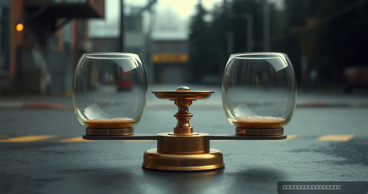 A cinematic close-up of a balanced brass scale with two glass containers filled with golden grains, set against a blurred urban background at dawn.