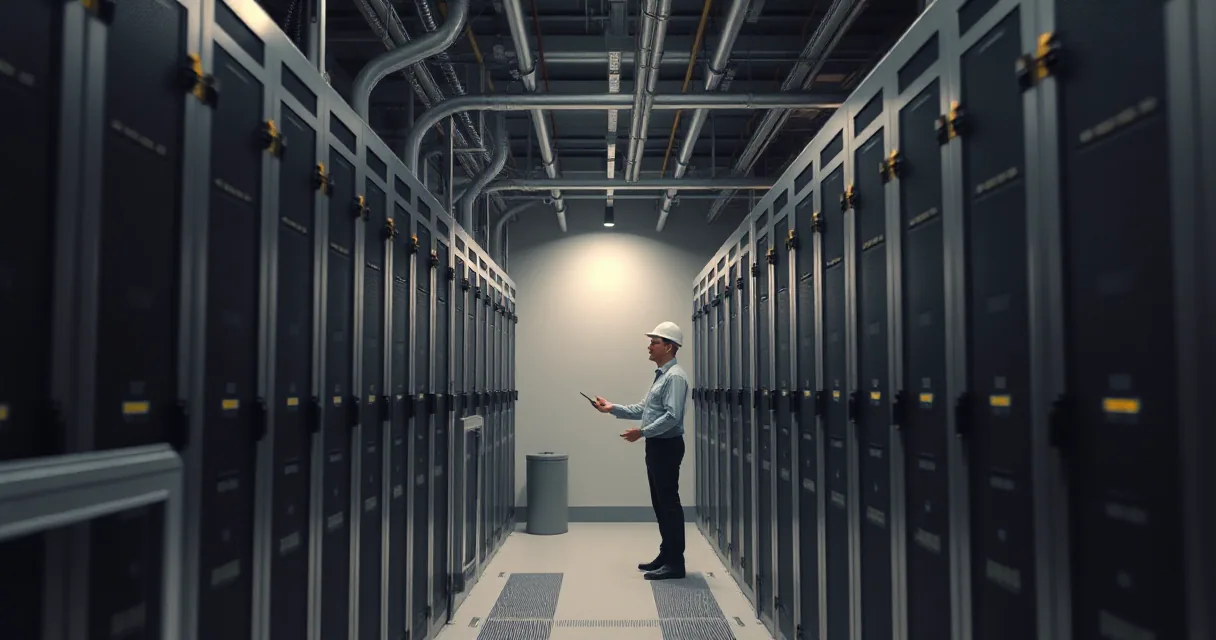 A lone technician wearing a hard hat stands in a long, symmetrical hallway of dark grey server racks, holding a tablet as if processing data amidst the vast infrastructure.