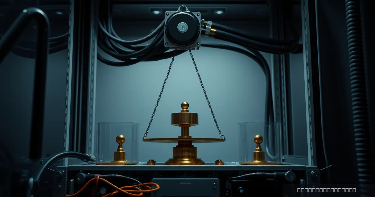 A cinematic close-up of a heavy brass counterweight balanced on a mechanical scale amidst industrial components and glass cylinders, symbolizing market dominance through physical weight.