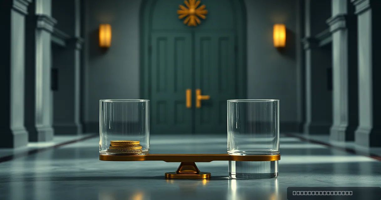 A brass balance scale sits on a polished floor in front of large green doors. One side of the scale holds a glass cylinder containing gold coins, while the other side holds an empty glass cylinder, symbolizing a judgment rendered against an absent party.