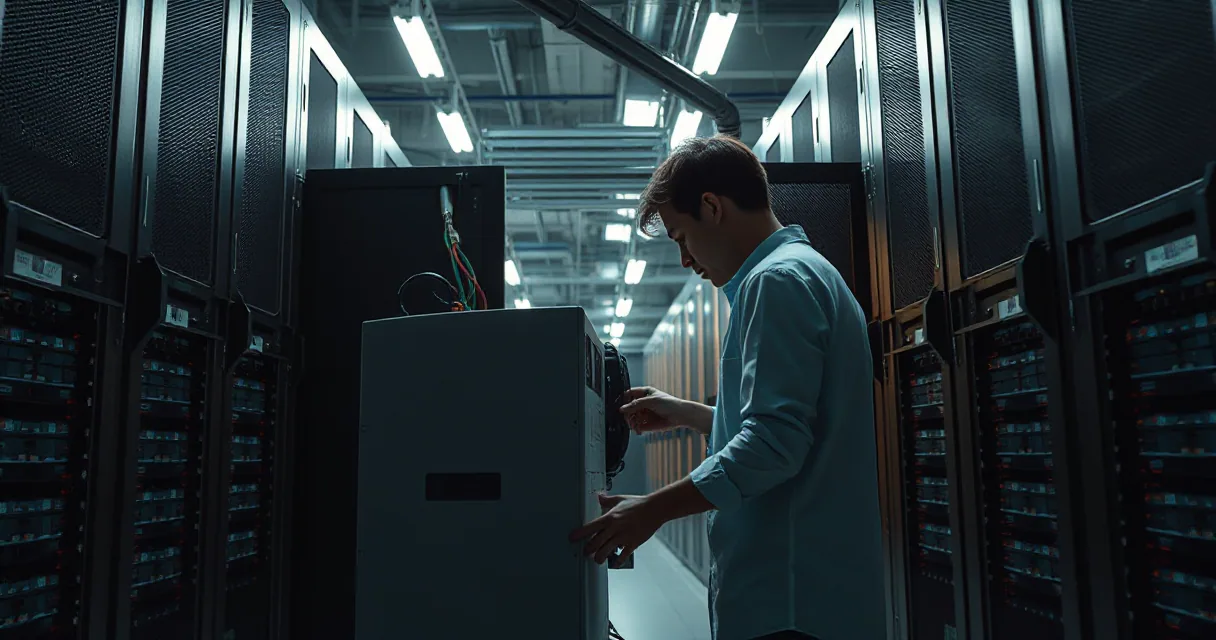 A technician in a light blue shirt works on a large piece of equipment inside a dimly lit, modern data center filled with rows of server racks.