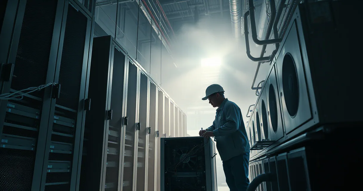 A technician wearing a hard hat and work clothes works on a server unit inside a large, dimly lit data center filled with rows of mining rigs. A bright light source from above creates an atmospheric haze among the equipment.