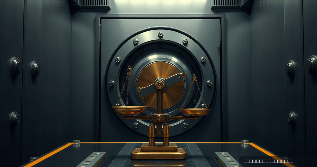 A pair of golden-brass balance scales sits in front of a heavy, circular vault door in a high-security facility, symbolizing the clarity and security of the new Clear Signing standard.