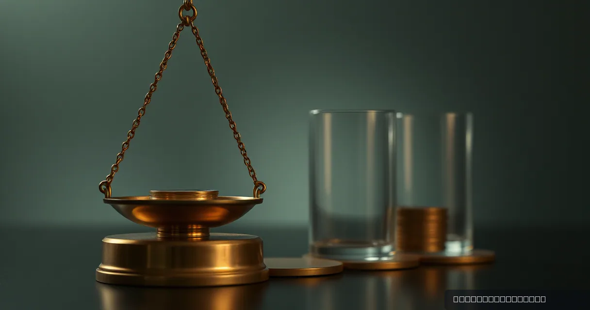 A cinematic close-up of a brass balance scale holding a heavy weight next to two glass cylinders on a dark surface, illuminated by soft amber light against a deep green background.
