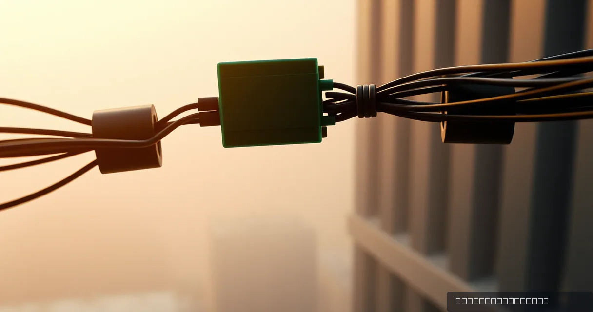 A close-up of a green relay box connecting two sets of bundled cables against a hazy, sunlit urban backdrop.