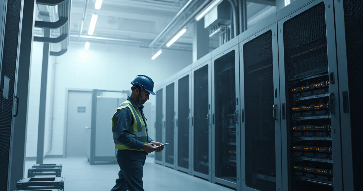 A technician wearing a hard hat and high-visibility vest stands in a large, industrial data center, looking at a tablet while surrounded by rows of illuminated server racks.