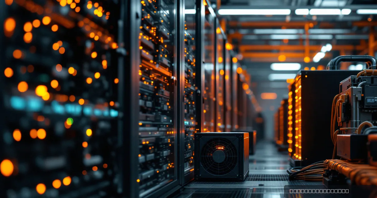 A wide cinematic shot of a cryptocurrency mining facility featuring rows of server racks illuminated by orange status lights and a cooling unit in the foreground.