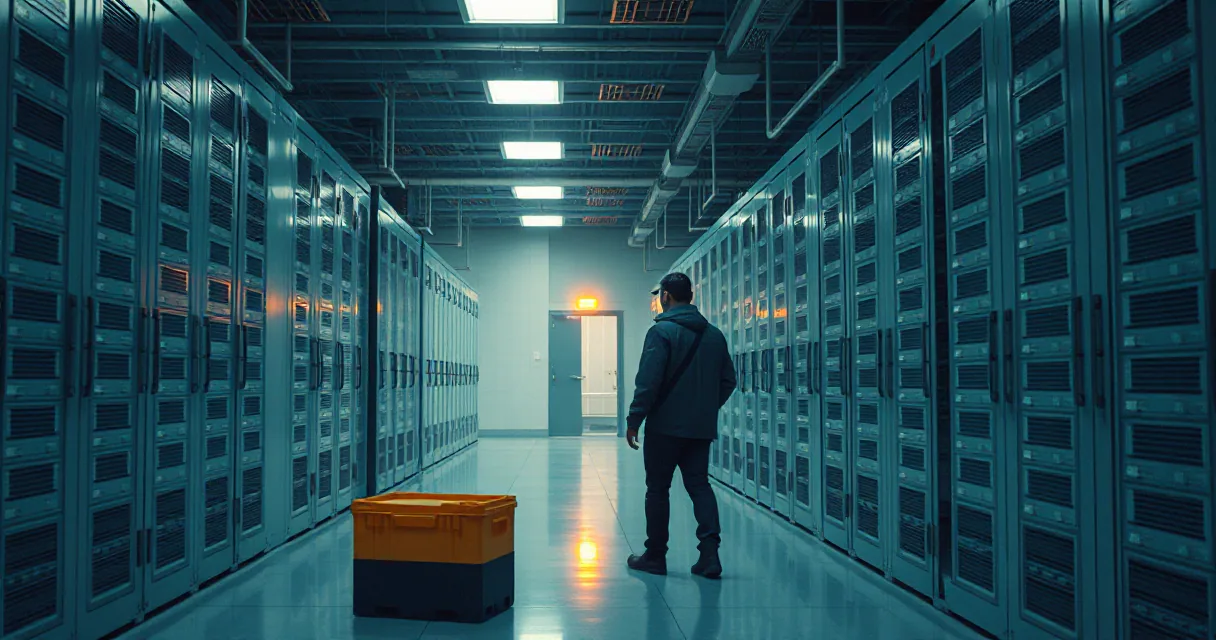 A person stands alone in a vast, dimly lit data center corridor lined with server racks. A single warm orange light glows at the end of the hall, highlighting the path ahead amidst a cool blue and grey industrial environment.