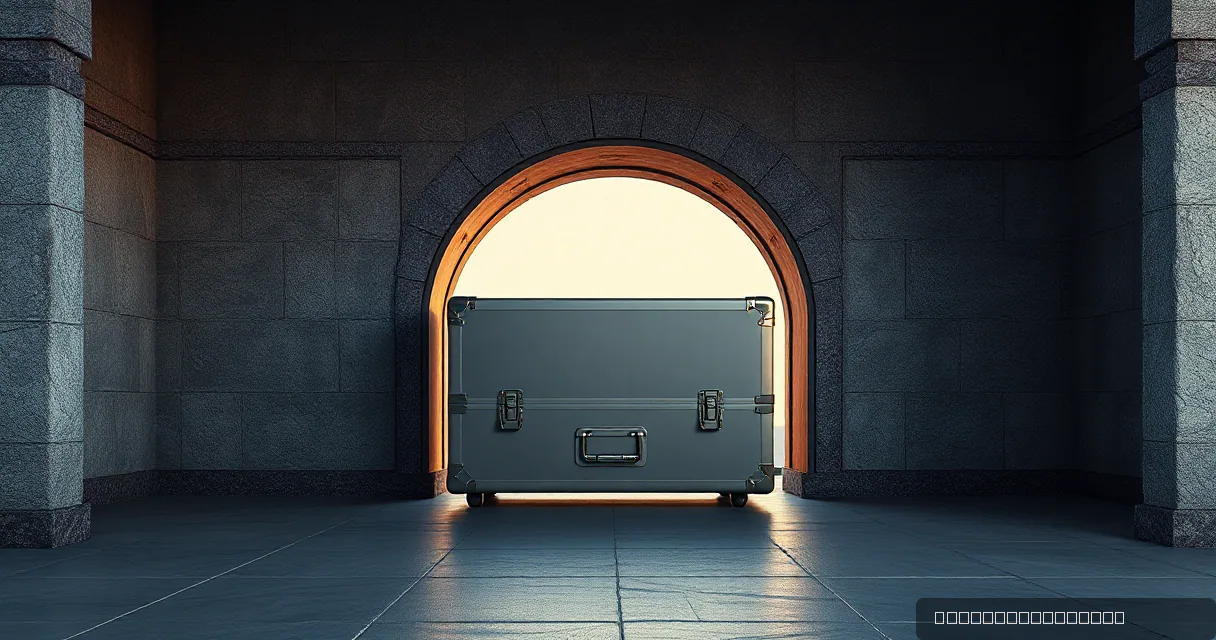 A heavy metal transport case sits centered in front of a large stone archway, illuminated by warm light from behind, symbolizing secure yet traceable financial transactions.