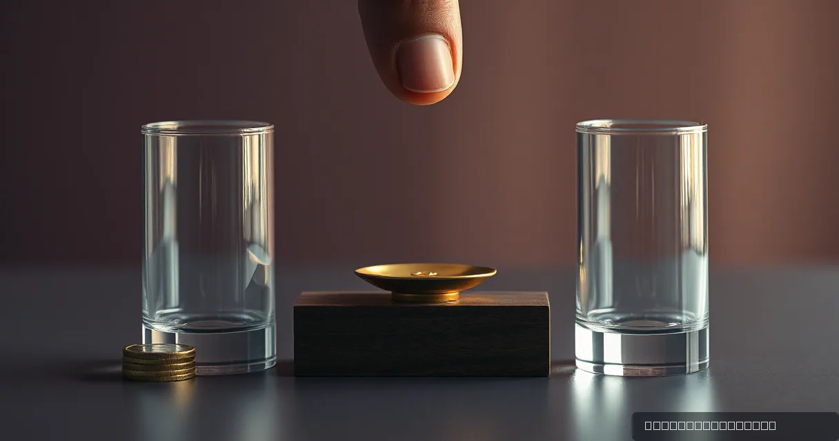 A cinematic close-up of a brass counterweight resting on a wooden block between two tall glass cylinders. A single finger is poised above the center, suggesting a deliberate adjustment in balance. The lighting creates a warm glow on the metal and clear reflections in the glass.