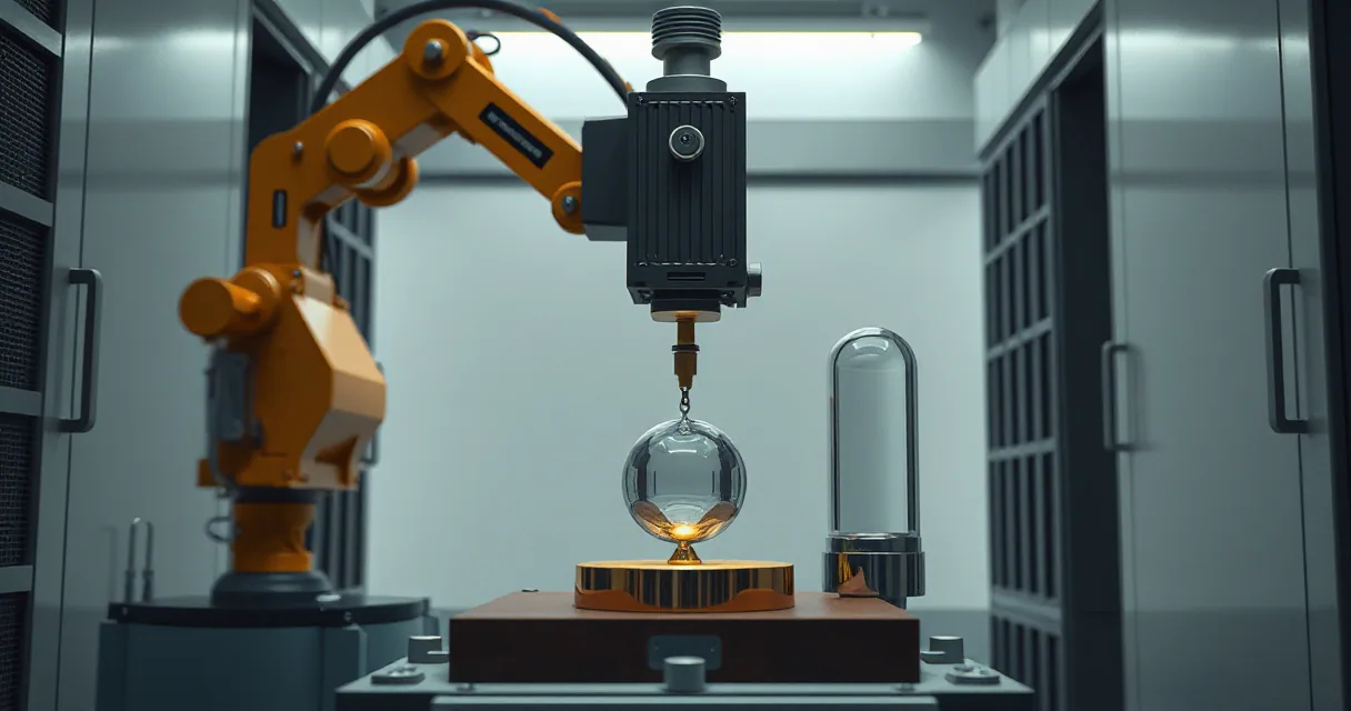 A robotic arm in an industrial setting focuses on a glowing sphere of light held within a precision mechanism, symbolizing the transition to real-time monitoring.