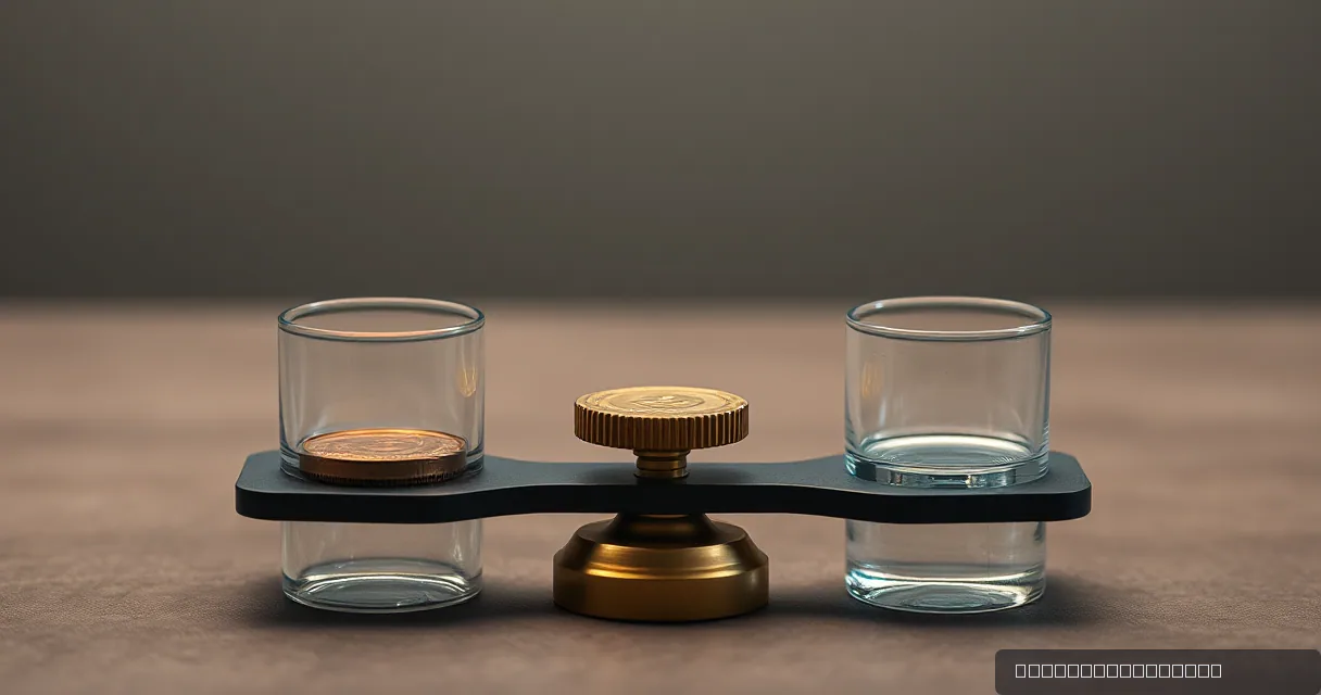A balanced brass counterweight sits between two clear glass cylinders on a dark horizontal beam. One cylinder contains a textured metallic disc, while the other holds a pale blue liquid, set against a minimalist, warm-toned background.