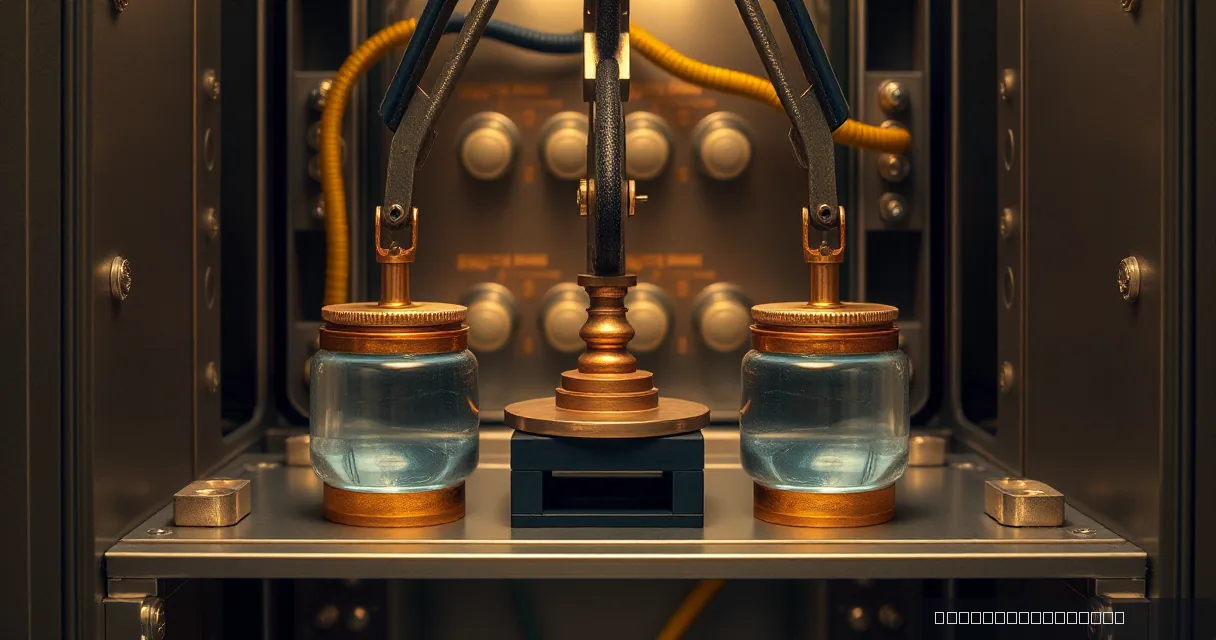 Two glass jars filled with glowing blue liquid are connected to mechanical arms in a high-tech industrial setting, balanced by a central brass weight on a metal platform.