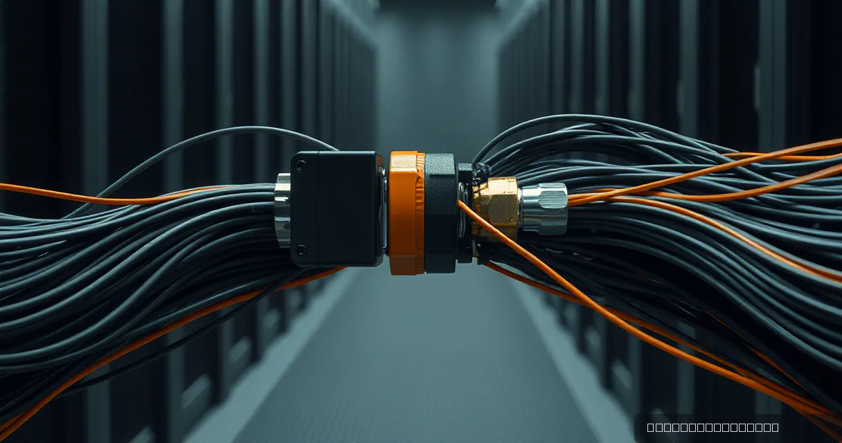 A cinematic close-up of a mechanical coupling connecting two bundles of fiber optic cables in shades of grey and orange. The central junction is highlighted by a warm light, symbolizing a critical point of data transition within a network infrastructure.