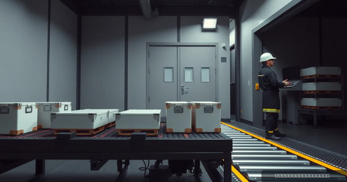 A worker in protective gear stands next to a conveyor belt carrying several uniform white and orange storage cases inside a high-security industrial facility with grey walls and an amber safety line.