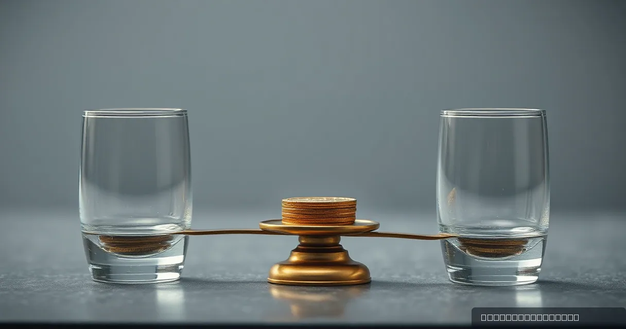 A cinematic close-up of a balanced brass scale with two clear glass vessels on either side, set against a soft grey background. A small stack of textured amber discs sits in the center of the scale's pivot point.