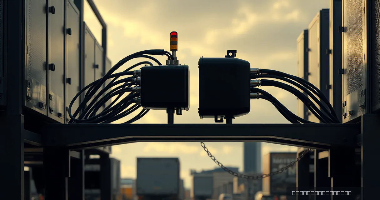 A close-up of industrial electrical components with thick cables connected to them, set against a blurred background of heavy machinery and a hazy sky at dusk. A single amber light glows atop one of the central units.