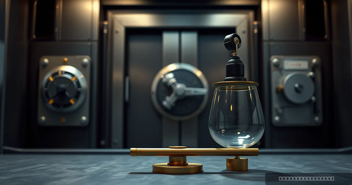 A cinematic close-up of a brass balancing scale in front of a heavy metal bank vault. One side of the scale holds a large, clear glass vessel with a mechanical top, symbolizing the weight and security of digital assets.