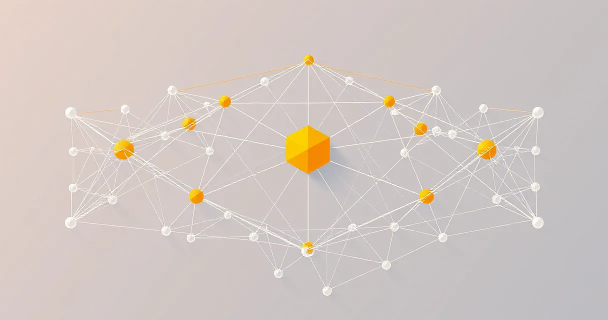 A 3D abstract network of white and orange spheres connected by thin lines, centered around a large amber cube on a neutral grey background.