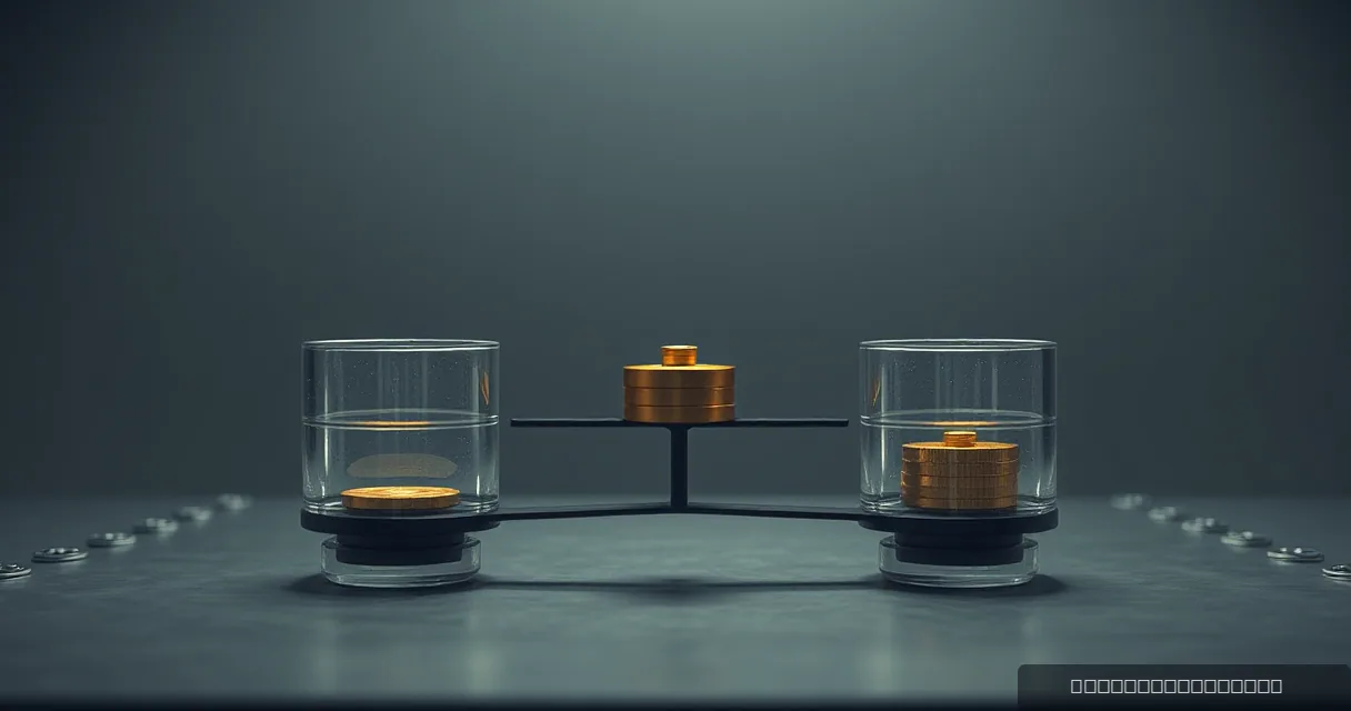 A cinematic editorial shot featuring a balanced scale with two glass cylinders containing golden metallic discs, set against a minimalist industrial backdrop in shades of grey and amber.