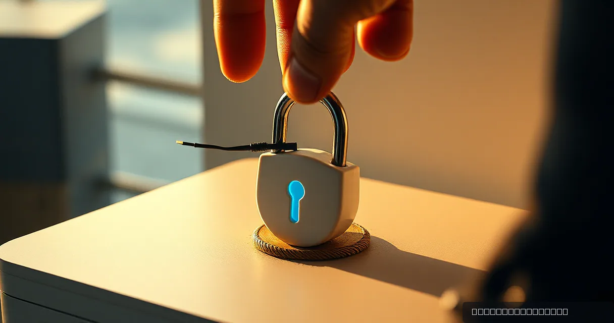 A close-up cinematic shot of a hand placing a heavy, white ceramic padlock over a severed fiber optic cable resting on a stone base, illuminated by warm late-afternoon light.