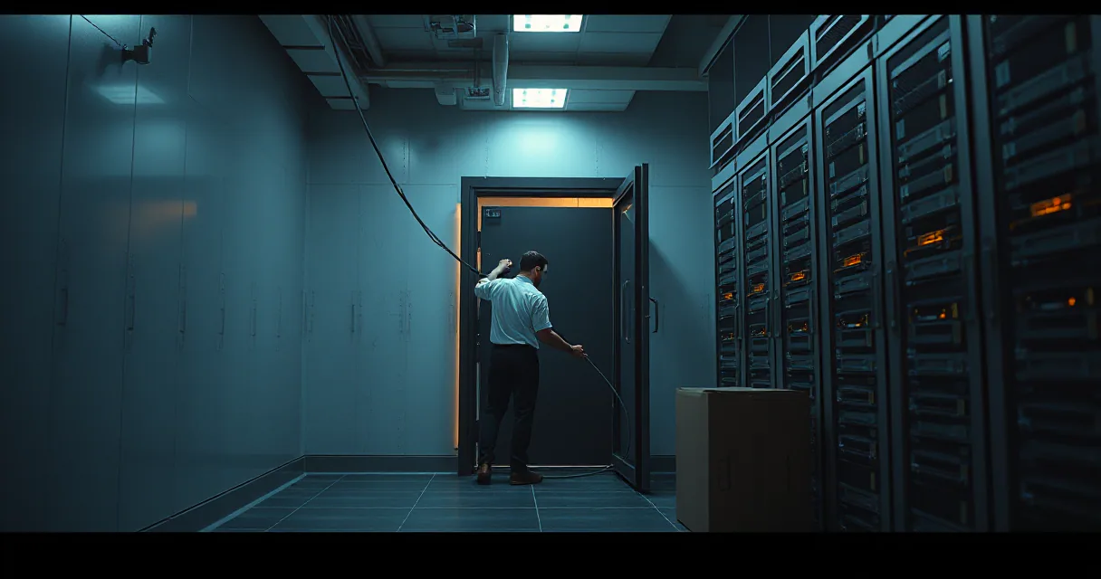 A person in plain clothing stands in a dimly lit, blue-toned server room next to a row of large server racks. A single thick cable stretches across the frame toward an open door, symbolizing a broken connection or security breach.