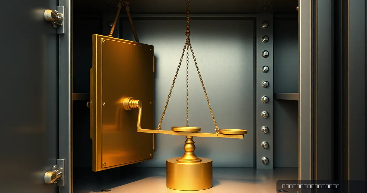 A golden scale sits inside an open industrial vault, balanced between two plates, with a heavy door hanging open to the left.