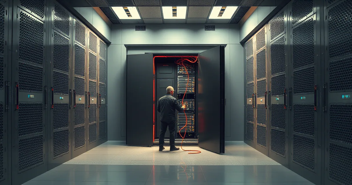 A lone technician stands before an open server rack in a vast data center, where exposed orange cables spill out from the interior, symbolizing a breach in a digital financial protocol.