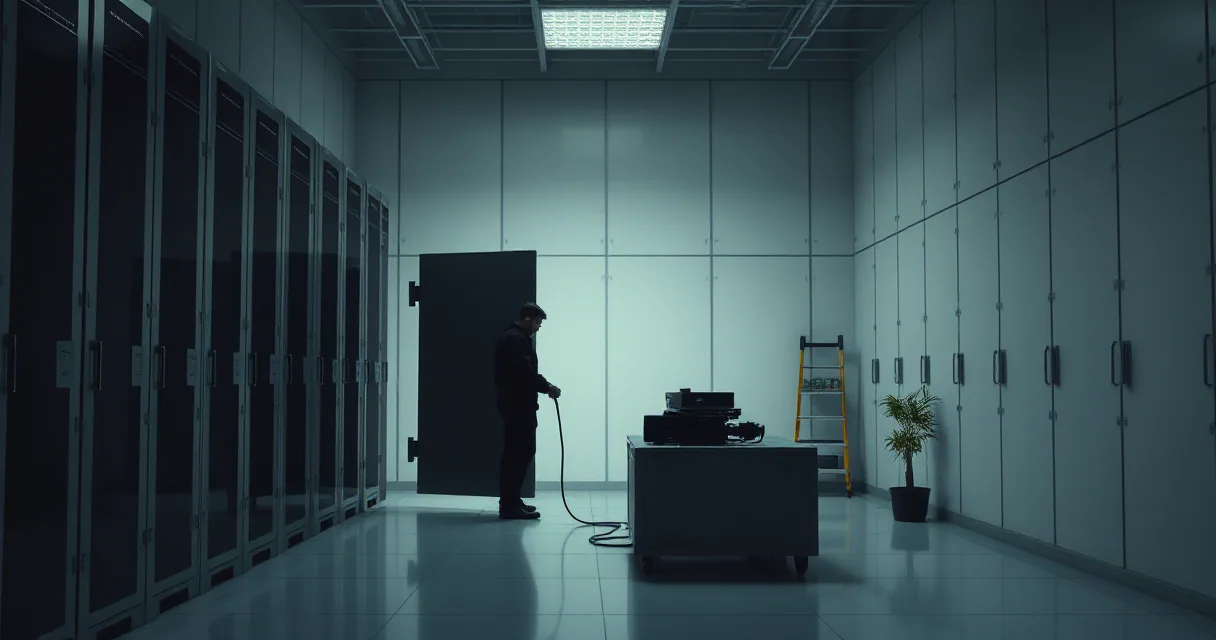 A silhouetted figure stands before an open heavy door in a vast server room, attending to a single exposed cable connected to a central processing unit, symbolizing a breach in the data chain.