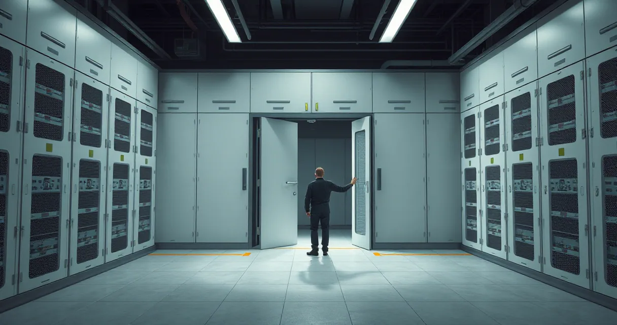 A person stands in the open doorway of a high-security server room, flanked by rows of tall, metallic server cabinets under cool white lighting.