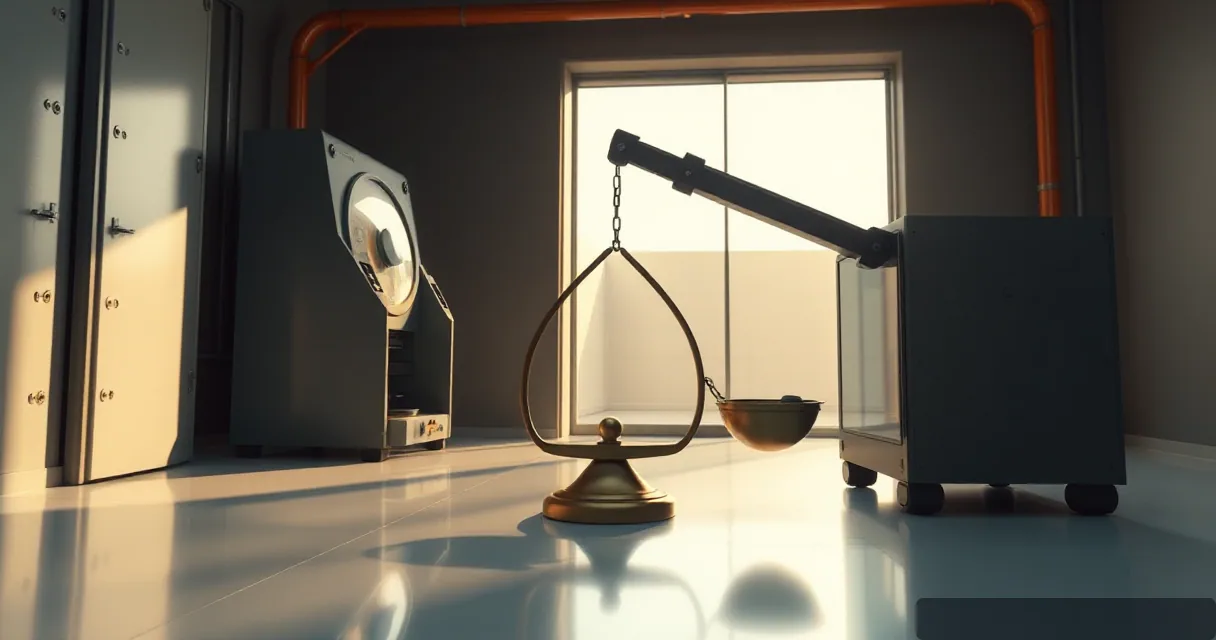 A cinematic scene featuring a large brass balance scale in a minimalist industrial room. One side of the scale holds a small bowl, while the other side is connected to a heavy mechanical device that appears to be tipping the balance, symbolizing a breach in financial stability.