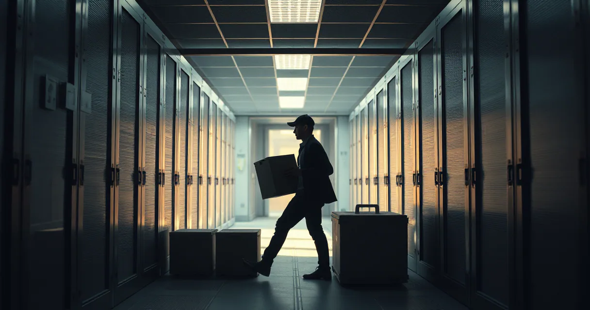 A silhouetted figure carrying a large box walks through a long, dimly lit data center corridor illuminated by amber light from the side panels.